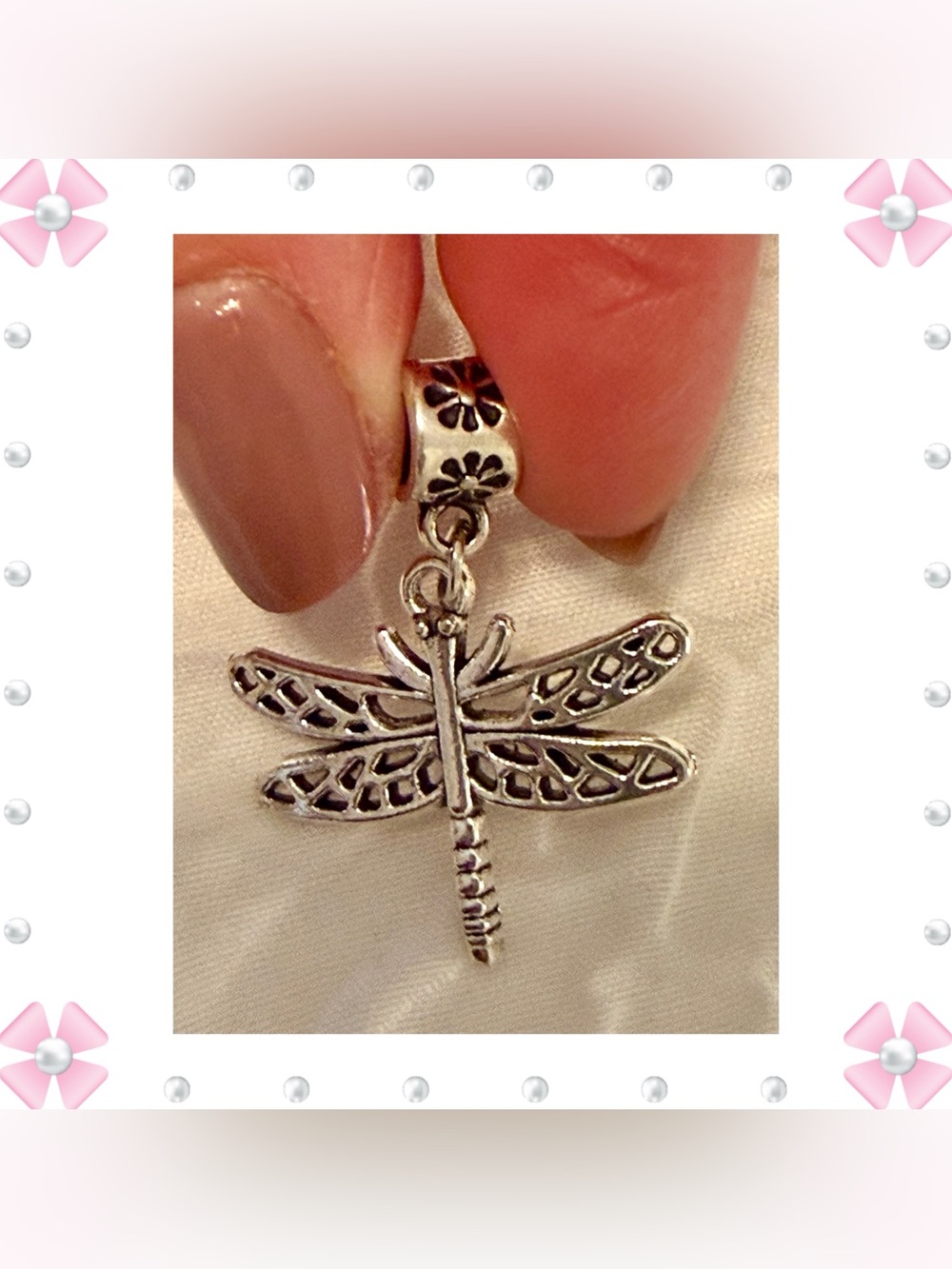 Charm / pendant - dragonfly charm w/flower on bail - silver tone st steel. New!